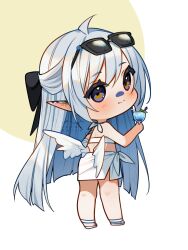 1girl ahoge angel_wings artist_name bandaid bandaid_on_face bandaid_on_nose bare_legs bare_shoulders bikini black-framed_eyewear black_bow blue_eyes blue_hair blunt_ends blush bow bowtie brown_eyes chibi circle closed_mouth cocktail cocktail_glass colored_inner_hair commentary cup detached_sleeves drink drinking_glass ear_piercing english_commentary eyewear_on_head feathered_wings grey_hair hair_between_eyes hair_bow happy highres holding holding_cup holding_drink hyanna-natsu leaf long_hair long_sleeves looking_at_viewer low_wings multicolored_eyes multicolored_hair multiple_piercings original piercing pointy_ears sandals sarong shoulder_blades single_bare_arm single_detached_sleeve smile solo standing straight_hair sunglasses swept_bangs swimsuit two-tone_eyes very_long_hair watermark white_background white_bikini white_bow white_bowtie white_sandals white_sarong white_sleeves white_wings wings ych_commission