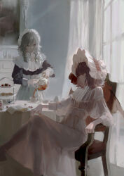 2girls absurdres bat_wings blue_eyes blue_shirt bonnet book cake chair commentary crossed_legs cup curtains day dress food green_ribbon grey_hair hair_ribbon highres holding holding_teapot indoors izayoi_sakuya long_dress long_sleeves maid_headdress medium_hair multiple_girls open_book pouring purple_hair remilia_scarlet ribbon sawararado shirt short_hair sitting skirt standing table tea teacup teapot tiered_tray touhou white_bonnet white_dress white_skirt window wings