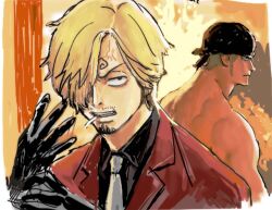 2boys anger_vein back bad_id bad_twitter_id bandana black_bandana black_gloves black_shirt blonde_hair chief_(chiefvinsmoke) cigarette curly_eyebrows facial_hair gloves goatee green_hair hair_over_one_eye jacket male_focus multiple_boys mustache_stubble necktie one_piece red_jacket roronoa_zoro sanji_(one_piece) shirt short_hair sideburns stubble upper_body white_necktie