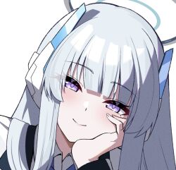 1girl blue_archive blush grey_hair hair_between_eyes halo hand_on_own_face headgear long_hair looking_at_viewer mechanical_halo noa_(blue_archive) purple_eyes reia_76 seminar_(blue_archive) smile solo white_halo