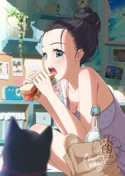 Rule 34 | 1girl, absurdres, analog clock, aqua eyes, artist logo, bag, baguette, bangs pinned back, black cat, black hair, blurry, blurry foreground, box, bra, bread, breasts, candy, cat, chewing gum, cleavage, clock, collarbone, commentary request, day, english text, film grain, fingernails, flower, food, glass bottle, gumball, hair bun, hands up, highres, holding, holding food, holding sandwich, imminent eating, indoors, light blush, logo, looking at animal, looking at viewer, mole, mole under eye, nail polish, open mouth, original, pancake (pocket domori), paper bag, photo (object), pink nails, pink tank top, plant, potted plant, print bra, radio, sandwich, shadow, shelf, slice of life, sparkle, squatting, strap slip, sunlight, tank top, underwear, watering can, watermark, white bra, white flower, yellow flower