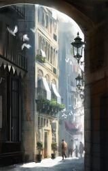 Rule 34 | absurdres, architecture, awning, balcony, bird, commentary request, day, highres, lantern, mizuiro abokado, multiple others, original, outdoors, plant, potted plant, road, scenery, street, white bird