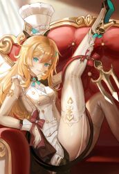 1girl absurdres ahoge blonde_hair blue_eyes breasts chef_hat commentary couch dress escoffier_(genshin_impact) garter_straps genshin_impact gloves hat high_heels highres lankie medium_breasts on_couch parted_lips sitting solo thighhighs thighs white_dress white_garter_straps white_gloves white_thighhighs