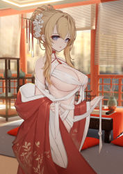 1girl :o azur_lane window_blinds blonde_hair breasts cleavage commentary_request cushion floral_print flower glorious_(azur_lane) glorious_(pungent_plum)_(azur_lane) grey_eyes hair_flower hair_ornament hair_stick highres indoors japanese_clothes kanzashi kimono large_breasts liu_lan long_sleeves looking_at_viewer official_alternate_costume open_clothes open_kimono print_kimono red_kimono solo standing table underboob wide_sleeves window zabuton