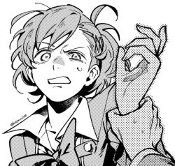 1girl 1other arm_up artist_name bow bowtie buttons frown furrowed_brow gekkoukan_high_school_uniform hair_ornament hairclip half-closed_eye hand_up holding_another&#039;s_wrist ine_(goin) jacket looking_at_viewer monochrome open_mouth persona persona_3 persona_3_portable ponytail school_uniform screentones shiomi_kotone sweat sweatdrop twitter_username upper_body white_background