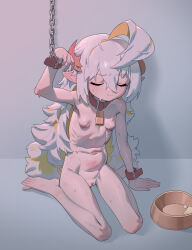 1girl ahoge barefoot bdsm bell blonde_hair blush bondage_cuffs bowl breasts cameltoe cleft_of_venus closed_eyes collar completely_nude cuffs handcuffs highres loli long_hair multicolored_hair navel neck_bell nipples nude original pet_bowl pointy_ears pussy restrained ribs sitting slave small_breasts solo two-tone_hair wariza white_hair wohaimeiyou