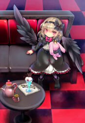 Rule 34 | 1girl, ajitarou (setsu), black dress, black hairband, black ribbon, black wings, blonde hair, boots, checkered floor, couch, cup, dark feather alma, dress, emil chronicle online, food, hair ribbon, hairband, highres, holding, holding stuffed toy, ice cream, neck ribbon, pointy ears, purple thighhighs, red eyes, red ribbon, ribbon, sitting, striped clothes, striped thighhighs, stuffed toy, sweets, table, teapot, thighhighs, wings