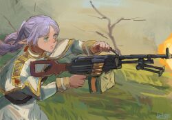 1girl ammunition_belt ammunition_box anachronism artist_name bipod capelet dated earrings elf finger_on_trigger firing frieren from_side gold_trim green_eyes grey_hair gun highres holding holding_weapon jewelry kanokoga light_machine_gun long_hair long_sleeves machine_gun outdoors parted_bangs pkm pointy_ears solo sousou_no_frieren twintails upper_body v-shaped_eyebrows weapon white_capelet