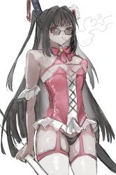 Rule 34 | 1girl, absurdres, black hair, black panties, bow, bowtie, bra, cigarette, covered erect nipples, e.g.o (project moon), hair ornament, heart, heart hair ornament, highres, in the name of love and hate (e.g.o), kisaaka, limbus company, long hair, looking at viewer, panties, pink bow, pink bowtie, pink bra, pink vest, project moon, red eyes, ryoshu (project moon), simple background, smoking, solo, standing, sunglasses, thighhighs, thighs, two side up, underwear, upper body, vest, white background, white thighhighs