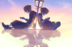2boys back-to-back black_shoes blue_eyes brown_hair closed_mouth cloud commentary dual_persona english_commentary from_side highres holding hood hood_down keyblade kingdom_hearts kingdom_hearts_i kingdom_hearts_iv kingdom_key male_focus multiple_boys planted profile reflection sad shoes sitting smile sora_(kingdom_hearts) spiked_hair tamtam8813 time_paradox weapon yellow_shoes