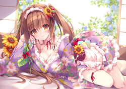 Rule 34 | 1girl, blush, bow, breasts, brown eyes, brown hair, cleavage, closed mouth, collarbone, floral print, floral print kimono, flower, frills, hair flower, hair ornament, headdress, highres, indoors, japanese clothes, kimono, large breasts, long hair, looking at viewer, lying, nanaroba hana, on side, original, print kimono, purple kimono, smile, solo, sunflower