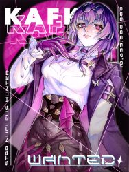 1girl arm_behind_back black_background black_choker black_shorts breasts character_name choker cleavage cleavage_cutout clothing_cutout collared_shirt eyewear_on_head gloves hair_between_eyes high-waist_shorts highres honkai:_star_rail honkai_(series) kafka_(honkai:_star_rail) kiu_water large_breasts lipstick long_bangs long_hair long_sleeves looking_at_viewer makeup pantyhose pink_lips purple_eyes purple_gloves purple_hair purple_pantyhose round_eyewear shirt shorts shoulder_cutout smile solo standing string sunglasses teeth thigh_strap thighs