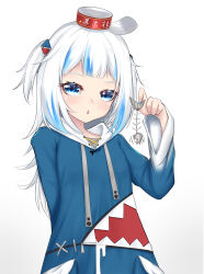 1girl absurdres animal animal_costume arm_behind_back blue_eyes blue_hair blue_hoodie can_on_head fish fish_skeleton gawr_gura gawr_gura_(1st_costume) hair_ornament highres holding holding_animal holding_fish hololive hololive_english hood hoodie looking_at_viewer medium_hair multicolored_hair open_mouth p_ion shark_costume shark_hair_ornament solo streaked_hair two_side_up virtual_youtuber white_background white_hair