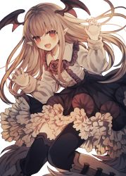 1girl bad_id bad_pixiv_id black_thighhighs black_wings blonde_hair blush boots demon_wings dress female_focus granblue_fantasy head_wings highres knee_boots long_hair long_sleeves looking_at_viewer namakuby open_mouth petticoat pointy_ears red_eyes simple_background solo teeth thighhighs vampy white_background white_boots wings