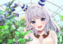1girl absurdres alternate_costume animal_ears berry blurry blurry_background blurry_foreground casual ear_covers food fruit greenhouse grey_hair hair_ornament highres hishi_miracle_(umamusume) holding horse_ears horse_girl looking_at_viewer medium_hair open_mouth plant portrait purple_eyes shia0016 solo umamusume