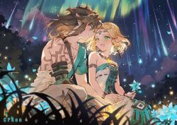 1boy 1girl arm_tattoo armlet aurora bare_shoulders blonde_hair blue_butterfly blue_eyes blue_flower blurry blurry_foreground blush braid breasts brown_hair bug butterfly cat_princess closed_mouth crown_braid dress earrings field floating_earrings flower flower_field green_eyes grey_pants holding holding_flower holding_hands insect jewelry link looking_at_another medium_breasts medium_hair night night_sky nintendo open_mouth outdoors pants parted_bangs pendant_choker pointy_ears princess_zelda short_hair sidelocks silent_princess single_bare_shoulder sitting sky smile strapless strapless_dress tattoo teardrop_facial_mark the_legend_of_zelda the_legend_of_zelda:_tears_of_the_kingdom tiara toga