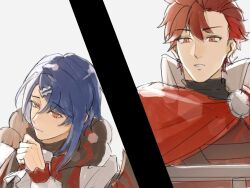 Rule 34 | 2boys, alcryst (fire emblem), blue hair, brothers, cape, closed mouth, diamant (fire emblem), fire emblem, fire emblem engage, hair ornament, hairclip, high collar, highres, long sleeves, male focus, multiple boys, nintendo, red eyes, red hair, short hair, siblings, sketch, smile, white background, wogesb