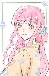 1girl blue_flower closed_mouth crazygirlisme earrings floral_print flower hair_bun hair_flower hair_ornament highres infinity_nikki japanese_clothes jewelry kimono light_blush lipstick long_hair long_sidelocks looking_at_viewer makeup nikki_(nikki) nikki_(series) pink_hair pink_lips procreate_(medium) sample_watermark sidelocks single_side_bun smile solo upper_body very_long_hair watermark wavy_hair white_background yellow_kimono