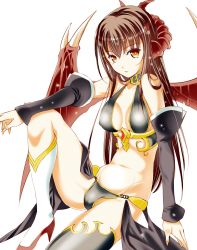 1girl bare_shoulders black_gloves black_thighhighs breasts brown_hair demon_girl demon_horns demon_wings detached_sleeves earrings elbow_gloves female_focus gloves highres horns jewelry lirshana long_hair looking_at_viewer maou_no_hajimekata moonsorrow simple_background single_thighhigh solo thighhighs wings yellow_eyes