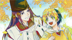 2boys :d black_hair black_hat blonde_hair brown_eyes brown_hair day eye_contact fujiwara_no_sai green_eyes hair_intakes hat hikaru_no_go hood hood_down hooded_jacket hun_(endlesslovehikaru) jacket japanese_clothes kariginu kimono long_hair looking_at_another male_focus multicolored_hair multiple_boys open_mouth outdoors red_kimono shindou_hikaru smile straight_hair tate_eboshi two-tone_hair upper_body yellow_jacket