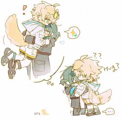 ! ... 2boys ? ?? ahoge animal_ears anklet arknights black_hair black_jacket black_pants black_sandals blonde_hair blue_eyes blush blush_stickers carrying carrying_person chibi doctor_(arknights) dog dog_boy dog_ears dog_tail dr_janglong ear_piercing english_text eyewear_on_head green-tinted_eyewear grey_shorts hair_between_eyes hand_on_another&#039;s_back hand_on_another&#039;s_shoulder hood hood_down hooded_jacket image_in_thought_bubble infection_monitor_(arknights) jacket jewelry knee_up looking_down male_doctor_(arknights) male_focus multiple_boys open_clothes open_jacket open_mouth orange_rope pants piercing ponytail rope sandals shaking shirt shorts sparkle speech_bubble sunglasses sweat tail tail_wagging tequila_(arknights) thick_eyebrows thought_bubble tinted_eyewear white_background white_jacket white_shirt yaoi