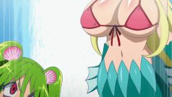 2girls animated animated_gif bikini bikini_top_only blonde_hair blue_eyes breast_abuse breast_slap breasts female_focus fuji-san green_hair jewelry large_breasts long_hair mermaid monster_girl multiple_girls muromi-san namiuchigiwa_no_muromi-san necklace red_eyes small_breasts swimsuit tagme twintails
