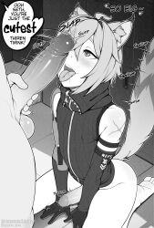 Rule 34 | 2boys, absurdres, ahoge, animal ear fluff, animal ears, armpit crease, bare shoulders, barefoot, bishounen, blush, bottomless, commentary, covered erect nipples, crossed bangs, dated, elbow gloves, english commentary, english text, erection, eyelashes, girthy penis, gloves, greyscale, hair between eyes, highres, indoors, looking at another, medium hair, monochrome, multiple boys, on ground, open mouth, penis, penis awe, penis on face, precum, saliva, scar, scar on arm, seth lowell, shadow, sidelocks, sleeveless, soles, soskibby, speech bubble, tail, toes, tongue, tongue out, twitter username, veins, veiny penis, yaoi, zenless zone zero