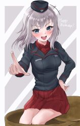 1girl absurdres black_jacket blue_eyes blush breasts girls_und_panzer grey_hair hand_on_own_hip happy_birthday hat highres itsumi_erika jacket kuromorimine_military_uniform medium_breasts medium_hair narupi_(awbzojfijs75103) open_mouth punching red_skirt skirt solo standing