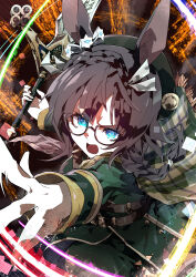 1girl absurdres animal_ears aqua_eyes black-framed_eyewear black_hair braid claymore_(sword) commentary commission cowboy_shot crown_braid ear_ornament glasses hair_ribbon hasukurira highres holding holding_sword holding_weapon horse_ears horse_girl jacket leather_belt long_sleeves military_jacket pixiv_commission plaid_clothes plaid_scarf ribbon scarf solo sword umamusume weapon white_ribbon zenno_rob_roy_(umamusume)