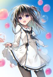 Rule 34 | 1girl, :d, balloon, black hair, black neckerchief, black pantyhose, blue sky, blurry, blurry background, blush, commentary, cowboy shot, cowlick, day, dress, eyes visible through hair, floating hair, frilled dress, frills, hair between eyes, hair ornament, hairclip, happy, highres, indie virtual youtuber, long hair, long sleeves, looking at viewer, neckerchief, one side up, open mouth, original, outdoors, pantyhose, parallel hairclips, purple eyes, sailor collar, school uniform, serafuku, skirt hold, sky, smile, solo, symbol-only commentary, virtual youtuber, white dress, white sailor collar, white serafuku, yuzuna hiyo, yuzuna hiyo (vtuber)