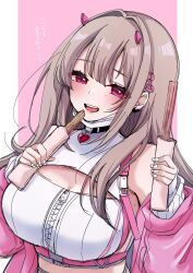 1girl :d bare_shoulders border breasts brown_hair chiji_komari churro cleavage cleavage_cutout clothing_cutout food goddess_of_victory:_nikke hair_intakes hands_up highres holding holding_food jacket long_hair long_sleeves medium_breasts off_shoulder open_clothes open_jacket open_mouth pink_background pink_jacket puffy_long_sleeves puffy_sleeves red_eyes shirt sleeveless sleeveless_shirt sleeves_past_wrists smile solo translation_request upper_body very_long_hair viper_(nikke) white_border white_nails white_shirt