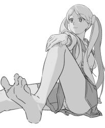 1girl :3 barefoot closed_mouth greyscale hair_ornament hair_scrunchie hand_on_own_knee highres iniooooo long_hair looking_ahead monochrome monogatari_(series) nanahyakuichi_middle_school_uniform oikura_sodachi panties pantyshot puffy_short_sleeves puffy_sleeves sailor_collar school_uniform scrunchie shirt short_sleeves sitting sketch skirt smile solo twintails underwear white_background