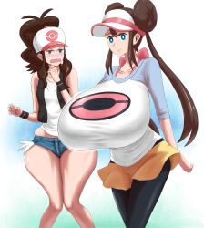 2girls bare_shoulders baseball_cap black_pantyhose black_vest blue_background blue_eyes blush breasts brown_hair closed_mouth cowboy_shot denim denim_shorts gradient_background hat hilda_(pokemon) huge_breasts long_hair matsumaruyama multiple_girls nintendo open_mouth pantyhose pokemon pokemon_bw pokemon_bw2 rosa_(pokemon) short_shorts shorts sleeveless standing tank_top thick_thighs thighs twintails two-tone_shirt vest visor_cap wavy_mouth white_background white_tank_top wide_hips wristband yellow_shorts