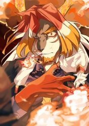 1boy arknights blonde_hair blood blood_from_mouth breath_weapon breathing_fire constricted_pupils dragon_boy eastern_dragon_horns facial_hair fire furry furry_male gloves goatee hand_up horns long_hair looking_at_viewer male_focus nakan orange_background orange_eyes original parted_lips red_gloves red_hair solo uneven_eyes upper_body wei_yenwu_(arknights) white_hair