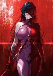 1girl bare_shoulders blood blood_on_clothes blood_on_face bodysuit breasts cropped_legs fishnets gloves green_eyes heterochromia holding holding_sword holding_weapon igawa_asagi impossible_bodysuit impossible_clothes large_breasts long_hair looking_at_viewer red_background red_eyes skin_tight solo standing sword taimanin_(series) taimanin_asagi taimanun weapon