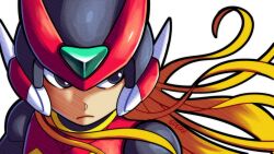 1boy black_eyes blonde_hair close-up closed_mouth forehead_jewel helmet long_hair male_focus mega_man_(series) mega_man_zero_(series) red_helmet simple_background solo sperxyt white_background zero(z)_(mega_man) zero_(mega_man)