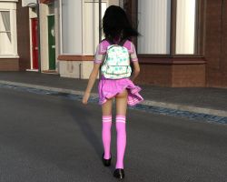 1girl 3d aged_down ass back backpack bag black_hair clothes_lift dirtysmile door female_focus from_behind highres loli outdoors panties pink_panties pink_skirt public_indecency randoseru road school_uniform serafuku shoes short_sleeves skirt skirt_lift solo standing street thighhighs thighs underwear uwabaki walking window
