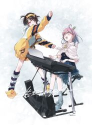 2girls :d ;d absurdres animal_hairband animal_slippers black_socks blue_dress blue_eyes blue_hair blush bra bra_peek brown_hair candy_hair_ornament cape commentary_request commission crown dancing dancing_subaru_duck_(meme) dress duck_slippers eye_contact food-themed_hair_ornament full_body fur-trimmed_cape fur_trim gradient_clothes gradient_dress gradient_hair green_eyes grey_shoes grey_socks hair_ornament hairband hairclip heterochromia highres himemori_luna himemori_luna_(sundress) hololive hood hooded_jacket instrument jacket keyboard_(instrument) looking_at_another loose_socks mary_janes meme mini_crown multicolored_hair multicolored_jacket multiple_girls music official_alternate_costume official_alternate_hairstyle one_eye_closed oozora_subaru oozora_subaru_(loungewear) open_mouth piano pink_hair playing_instrument playing_piano pointed_crown print_dress purple_eyes sample_watermark sanchishima shoes short_dress short_hair silver_crown skeb_commission slippers smile socks star_button starry_sky_print striped_clothes striped_socks swept_bangs two_side_up underwear virtual_youtuber watermark white_cape white_jacket yellow_hairband yellow_jacket
