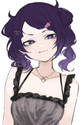 Rule 34 | + +, 1girl, :q, absurdres, bare shoulders, blue eyeshadow, blush, dress, eyelashes, eyeshadow, grey dress, hair ornament, hairclip, heart, heart necklace, highres, idolmaster, idolmaster shiny colors, jewelry, looking at viewer, makeup, medium hair, necklace, purple eyes, purple hair, ryo---ta, simple background, smile, solo, tanaka mamimi, tongue, tongue out, white background