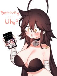 1girl absurdres ahoge arm_behind_back bandaged_arm bandages bandaid bandaid_on_shoulder black_choker blush breasts brown_eyes brown_hair choker cleavage collarbone crop_top english_text eyebrows_hidden_by_hair eyes_visible_through_hair hazel_eyes heart heart_ahoge heart_choker highres huge_ahoge indie_virtual_youtuber large_breasts long_hair looking_at_phone navel open_mouth phone self-portrait sky_above_me sky_above_me_(vtuber) solo strapless twitter very_long_hair white_background