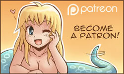 1girl blonde_hair blush breasts cleavage collarbone convenient_arm crisis fang felarya heart karbo lamia large_breasts lowres monster_girl nude one_eye_closed solo