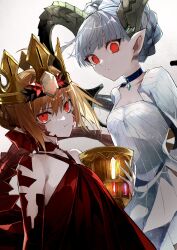 2girls ahoge aqua_hair bare_shoulders blonde_hair braid braided_bun breasts chalice choker crown cup curled_horns double_bun dragon_tail dress elbow_gloves facial_mark fate/grand_order fate_(series) french_braid gloves glowing glowing_eyes hair_bun hair_intakes hair_ribbon highres horns jewelry kino_kokko larva_tiamat_(fate) larva_tiamat_(first_ascension)_(fate) long_hair long_horns long_sleeves looking_at_viewer multiple_girls nero_claudius_(fate) pendant pointy_ears queen_draco_(fate) queen_draco_(first_ascension)_(fate) red_dress red_eyes red_ribbon ribbed_dress ribbon scales single_glove small_breasts tail tiamat_(fate) white_dress white_gloves