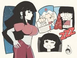 2girls adapted_costume anger_vein black_eyes black_hair blue_hat breasts colored_skin commentary cowboy_shot crop_top cross earrings enel_face_(meme) food fruit hat highres holding holding_paper houraisan_kaguya jewelry job_application_form_(meme) large_breasts long_hair meme midriff mooruti multiple_girls navel nurse_cap open_mouth pants paper pear pearto pink_shirt red_cross red_pants shirt short_sleeves solo_focus sphere_earrings touhou track_pants white_hair white_skin yagokoro_eirin yukkuri_shiteitte_ne zzz