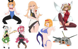 6+girls :d absurdres alice_margatroid animal_ears apron black_pantyhose black_skirt black_vest blonde_hair blue_eyes blue_leotard bois_de_justice bow braid breasts brown_thighhighs cigarette cleavage closed_mouth clothes_lift commentary_request cookie_(touhou) cowboy_shot dies_irae elbow_gloves fairy_wings fake_animal_ears frilled_apron frilled_hairband frills full_body gloves green_skirt green_vest grey_hair grin hair_between_eyes hair_bow hairband highres hinase_(cookie) holding holding_cigarette kirisame_marisa konpaku_youmu leotard lifting_own_clothes long_hair looking_at_viewer medium_breasts multiple_girls open_mouth orange_eyes panties pantyhose pink_eyes pink_hair pink_panties pink_shirt playboy_bunny pointy_ears puffy_short_sleeves puffy_sleeves pyukasshori red_eyes red_hairband red_leotard sasorihime_(cookie) shinza_bansho_series shiriri_saikyo shirt short_hair short_sleeves side_braid simple_background single_braid sitting skirt skirt_lift skirt_set small_breasts smile standing star_(symbol) sunny_milk suzu_(cookie) taisa_(cookie) thighhighs touhou underwear unusually_open_eyes v very_long_hair vest waist_apron waving white_apron white_background white_gloves white_shirt white_wings wings