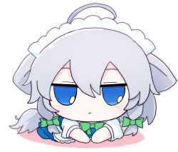 1girl ahoge animal_ears apron azuma_meri blue_dress blue_eyes blue_shoes bow bowtie braid chibi chibi_only closed_mouth commentary_request dog_ears dog_tail dress frills full_body fumo_(doll) green_bow green_bowtie grey_hair hair_between_eyes hair_bow half-closed_eyes highres inu_sakuya_(nejikirio) izayoi_sakuya kemonomimi_mode looking_at_viewer lying maid maid_headdress on_stomach puffy_short_sleeves puffy_sleeves shadow shirt shoes short_hair short_sleeves simple_background solo tail touhou twin_braids white_apron white_background white_shirt