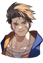 Rule 34 | 1boy, absurdres, blue eyes, brown hair, collarbone, commentary request, cropped shoulders, curtained hair, facial scar, forked eyebrows, highres, jacket, jewelry, looking to the side, luke sullivan, male focus, multiple scars, necklace, open clothes, open jacket, parted lips, prat rat, print shirt, scar, scar across eye, scar on cheek, scar on face, shirt, short hair, sideways glance, simple background, smile, solo, street fighter, street fighter 6, teeth, two-sided fabric, two-sided jacket, white background