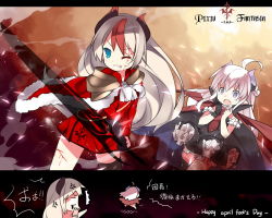 ^^^ 2girls anger_vein blonde_hair blue_eyes chibi copyright_name fang highres horns long_hair mofetousu_furuna multiple_girls open_mouth pixiv_fantasia pixiv_fantasia_fallen_kings pointy_ears purple_eyes saru sword weapon white_hair