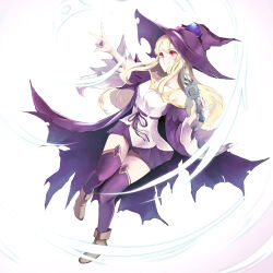 1girl absurdres blonde_hair brown_shoes coat daria_(shingeki_no_bahamut) hat highres holding holding_wand long_hair long_sleeves magic off-shoulder_coat off_shoulder purple_coat purple_hat purple_skirt purple_thighhighs red_eyes shadowverse shingeki_no_bahamut shirt shoes skirt sleeveless sleeveless_shirt smile solo thighhighs wand white_shirt wide_sleeves witch witch_hat yuuge_ningen