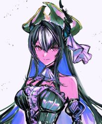 1girl asymmetrical_horns bare_shoulders black_dress black_hat breasts demon_horns dress eyelashes grey_background hat highres hololive hololive_english horns large_breasts nerissa_ravencroft purple_eyes simple_background solo uneven_horns upper_body virtual_youtuber yuri_kyanon