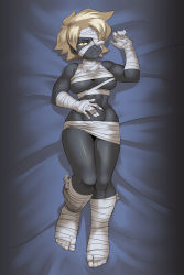 Rule 34 | 1girl, ankama, black skin, breasts, colored skin, dakimakura (medium), dofus, eric toner, eyepatch, highres, mummification, mummy costume, nipples, wakfu, white hair, xelor, yellow eyes